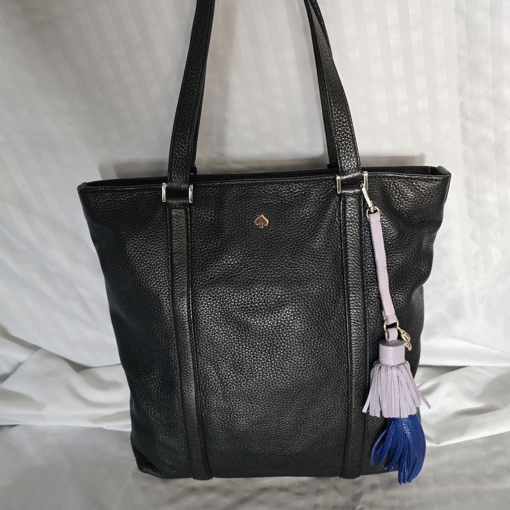 kate spade Black Pebbled Leather Tote with Lilac & Blue Tassel